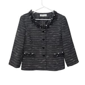 Tahari Textured Embellished Trim Tweed Blazer 3/4 Sleeves Size 12 Large Button